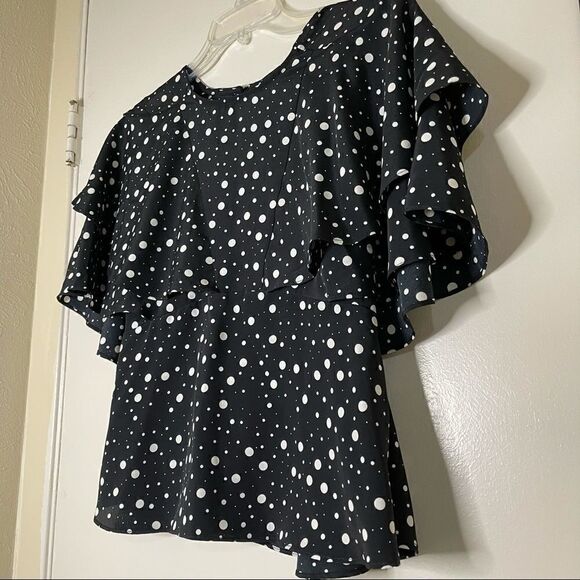 Topshop flutter sleeve black polka dot blouse top - Picture 3 of 6